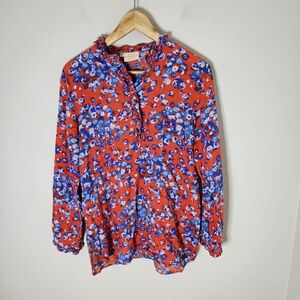 Rungolee Ruffle Collar Long Sleeve Top Cotton Blockprint Red Blue Floral S Small